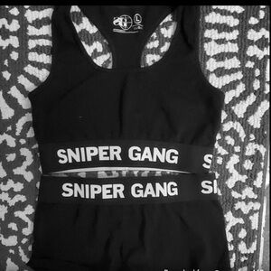 Sniper Gang 🖤 Black Sports Bra & matching bottoms SzL *looks more like a Small